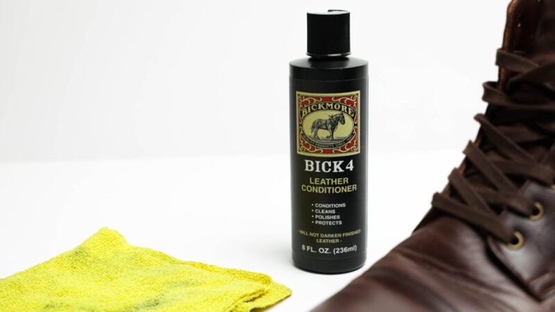 Bick 4 Leather Conditioner with leather boots on white background